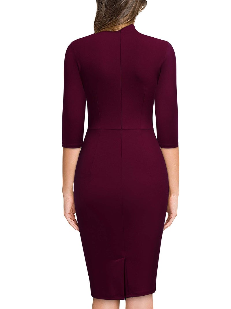 Miusol Women's Retro Half Collar Ruffle 2/3 Sleeve Cocktail Pencil Dress(Medium, Burgundy) - Image 2